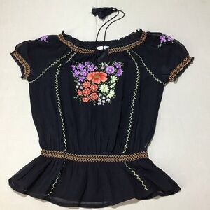 Patrons of Peace Black Sheer Blouse with Floral Embroidery